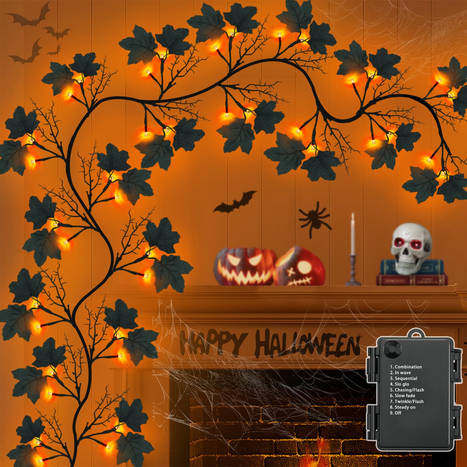 9 FT 72 LED Halloween Decorations Willow Vine Twig Decor with Orange Purple Lights and Dead Branches Black Leaves -Battery Operated 8 Modes for Indoor Wall Fireplace Halloween Decorations